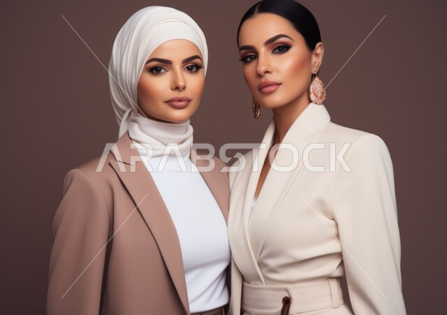 Modern fashion for veiled women, attention to external appearance, affection and love between siblings, a close-up photo of two veiled Saudi Arabian Gulf Arab friends, smiling, looking at the camera with gestures of self-confidence, the concept of elegance, elegance, femininity and softness, a colorful background.