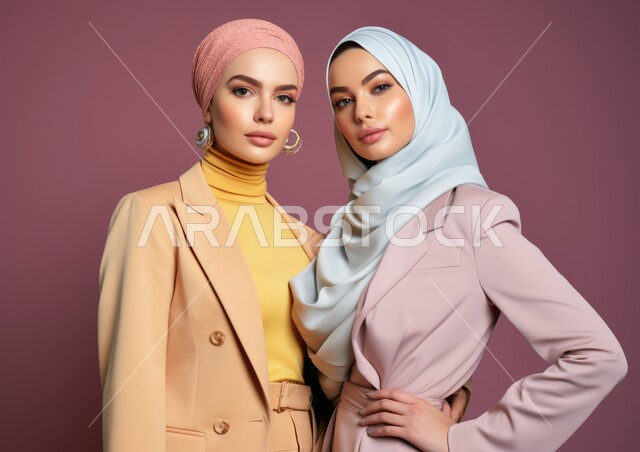Modern veiled fashion, attention to external appearance, affection and love between siblings, two smiling veiled Saudi Arab Gulf friends looking at the camera with gestures of self-confidence, the concept of elegance, elegance, femininity and softness, a colorful background.Modern veiled fashion, attention to external appearance, affection and love between siblings, two smiling veiled Saudi Arab Gulf friends looking at the camera with gestures of self-confidence, the concept of elegance, eleganc