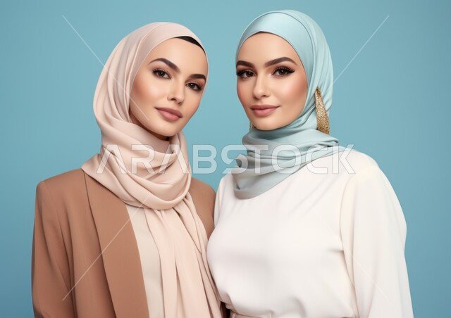 الحب و المودة بين الأشقاء، مفهوم النعومة الأناقة والشياكة و الأنوثة، أزياء محجبات عصرية حديثة، الاهتمام بالمظهر الخارجي، بورتريه مقرب لشابتان عربيتان خليجيتان سعوديتان محجبتان مبتسمتان تنظران إلى الكاميرا بإيماءات الثقه بالنفس، خلفيه زرقاء