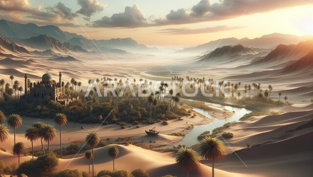 Sand formations and hills in the oases of the Arabian desert, wild plants and landscapes in the Kingdom of Saudi Arabia, dunes and soft golden sand in desert areas, natural landmarks at sunrise, recreational safari areas