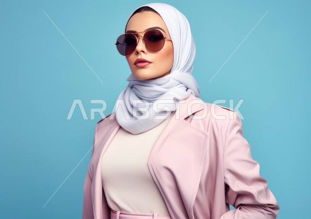 مفهوم الأناقة والشياكة و الأنوثة والنعومة، الاهتمام بالمظهر الخارجي، التقاط صور تذكارية، النظر إلى شيء ما بإيماءات الثقه بالنفس، أزياء محجبات عصرية حديثة، يورتريه مقرب لامرأة عربيه خليجيه سعودية محجبه ترتدي النظارة الشمسية، خلفية زرقاء