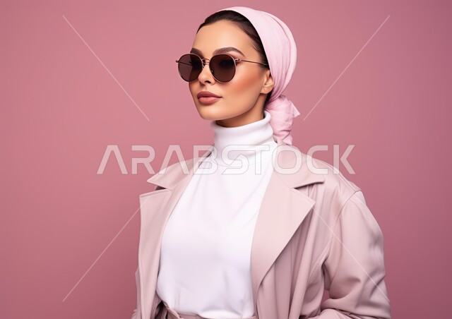 النظر إلى شيء ما بإيماءات الثقه بالنفس، أزياء محجبات عصرية حديثة، مفهوم الأناقة والشياكة و الأنوثة والنعومة، الاهتمام بالمظهر الخارجي، بورتريه مقرب لامرأة عربيه خليجيه سعودية محجبه ترتدي النظارة الشمسية، خلفية وردية 