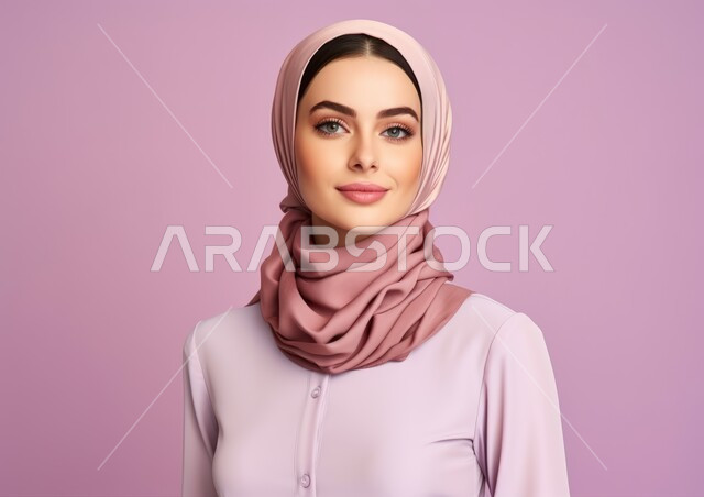 أزياء محجبات عصرية حديثة، مفهوم النعومة و الأناقة والشياكة و الأنوثة، الاهتمام بالمظهر الخارجي، بورتريه لامرأة عربيه خليجيه سعودية محجبه مبتسمة ترتدي الزي الرسمي، النظر إلى الكاميرا بإيماءات الثقه بالنفس، خلفية وردية