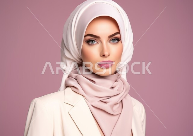 مفهوم النعومة و الأناقة والشياكة و الأنوثة، الاهتمام بالمظهر الخارجي، بورتريه لامرأة عربيه خليجيه سعودية محجبه مبتسمة ترتدي الزي الرسمي، النظر إلى الكاميرا بإيماءات الثقه بالنفس، أزياء محجبات عصرية حديثة، خلفية ملونة