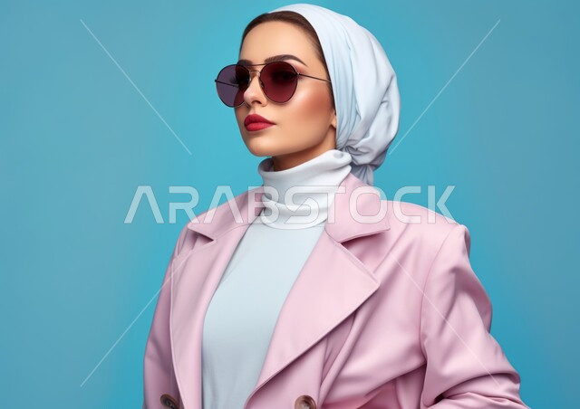 مفهوم الأناقة والشياكة و الأنوثة والنعومة، الاهتمام بالمظهر الخارجي، التقاط صور تذكارية، النظر إلى شيء ما بإيماءات الثقه بالنفس، أزياء محجبات عصرية حديثة، يورتريه مقرب لامرأة عربيه خليجيه سعودية محجبه ترتدي النظارة الشمسية، خلفية زرقاء
