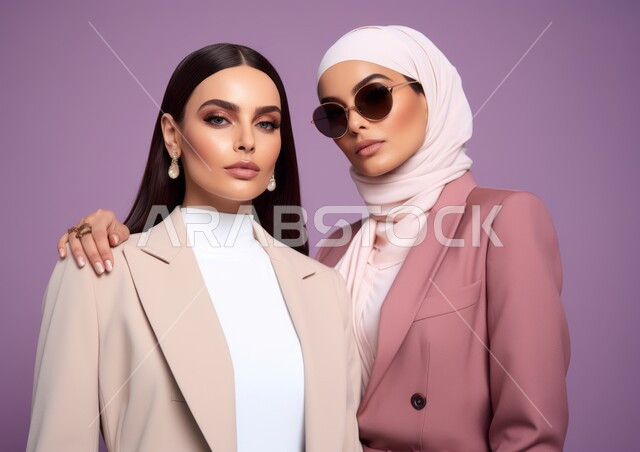 أزياء محجبات عصرية حديثة، مفهوم الأنوثة النعومة الأناقة والشياكة، الحب و المودة بين الأشقاء، الاهتمام بالمظهر الخارجي، بورتريه مقرب لشابتان عربيتان خليجيتان سعوديتان محجبتان مبتسمتان تنظران إلى الكاميرا بإيماءات الثقه بالنفس، خلفيه بنفسجية