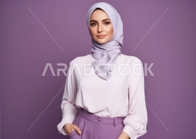  أزياء محجبات عصرية حديثة، مفهوم الأناقة والشياكة والنعومة و الأنوثة، الاهتمام بالمظهر الخارجي، بورتريه لامرأة عربيه خليجيه سعودية محجبه مبتسمة ترتدي الزي الرسمي، النظر إلى الكاميرا بإيماءات الثقه بالنفس، خلفية بنفسجية