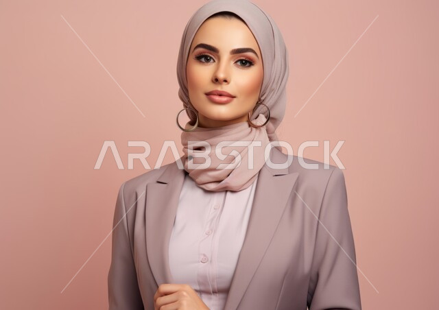 مفهوم الأناقة والنعومة والشياكة و الأنوثة، الاهتمام بالمظهر الخارجي، بورتريه لامرأة عربيه خليجيه سعودية محجبه مبتسمة ترتدي الزي الرسمي، النظر إلى الكاميرا بإيماءات الثقه بالنفس، أزياء محجبات عصرية حديثة، خلفية وردية