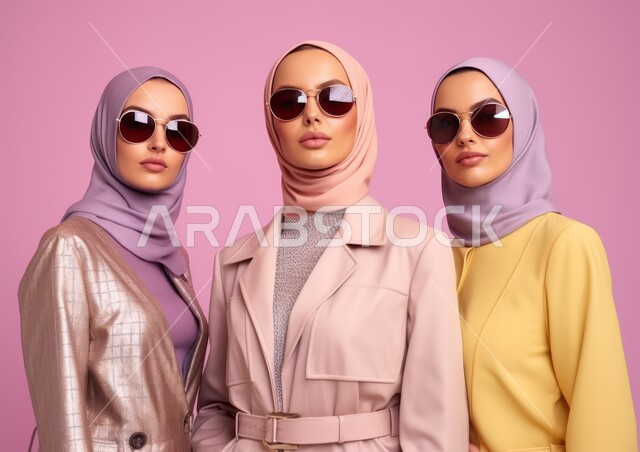 مفهوم الأنوثة الأناقة، بورتريه مقرب لمجموعه من النساء العرب العربيات الخليجيات السعوديات محجبات يرتدون النظارات الشمسية وينظرون الى الكاميرا بإيماءات الثقة بالنفس، الحب و المودة بين الأشقاء، أزياء محجبات عصرية حديثة، الاهتمام بالمظهر الخارجي، خلفية وردية