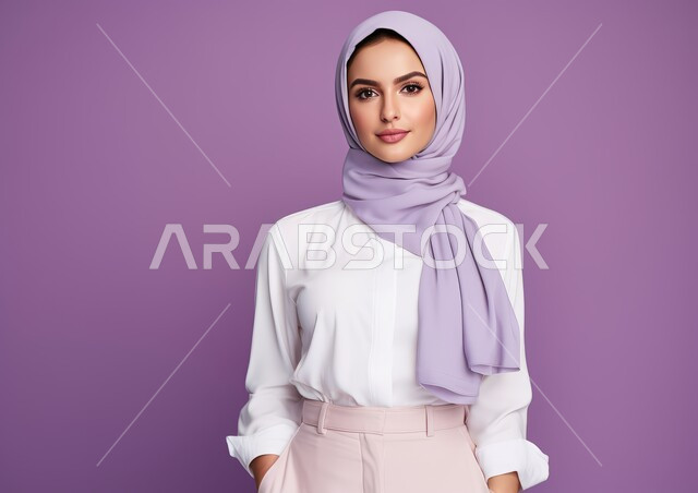 مفهوم الأناقة والشياكة والنعومة و الأنوثة، الاهتمام بالمظهر الخارجي، بورتريه لامرأة عربيه خليجيه سعودية محجبه مبتسمة ترتدي الزي الرسمي، النظر إلى الكاميرا بإيماءات الثقه بالنفس، أزياء محجبات عصرية حديثة، خلفية بنفسجية