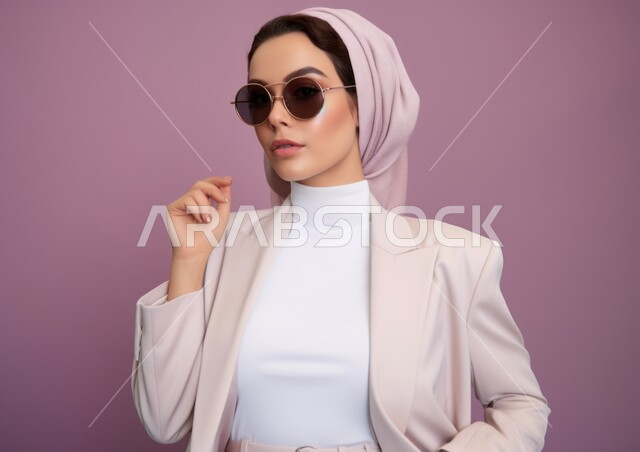 Paying attention to external appearance, taking souvenir photos, looking at the camera with gestures of self-confidence, modern veiled fashion, the concept of elegance, elegance, femininity and softness, a close-up photo of a veiled Saudi Gulf Arab woman wearing sunglasses, purple background