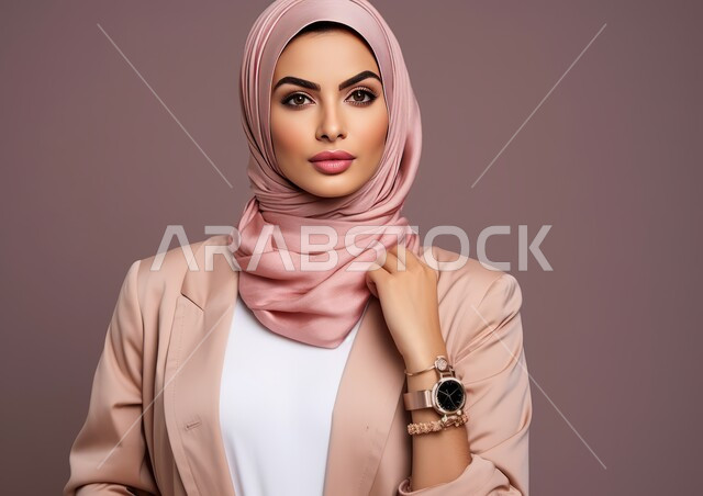 مفهوم النعومة و الأناقة والشياكة و الأنوثة، الاهتمام بالمظهر الخارجي، بورتريه لامرأة عربيه خليجيه سعودية محجبه مبتسمة ترتدي الزي الرسمي، النظر إلى الكاميرا بإيماءات الثقه بالنفس، أزياء محجبات عصرية حديثة، خلفية ملونة