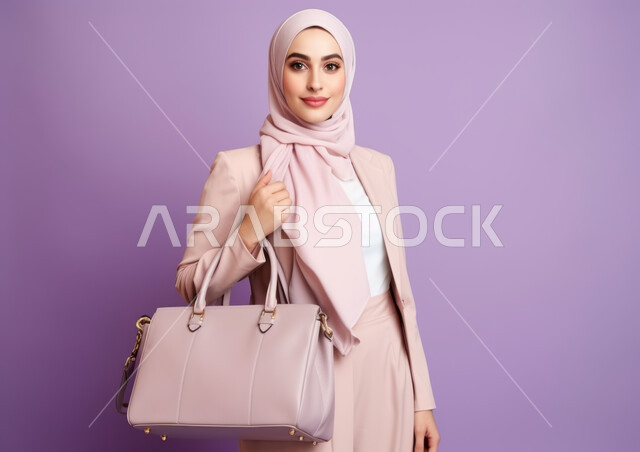 مفهوم  الأنوثة والنعومة، أزياء محجبات عصرية حديثة، الاهتمام بالمظهر الخارجي، بورتريه لامرأة عربيه خليجيه سعودية محجبه مبتسمة ترتدي الزي الرسمي وتحمل بيدها حقيبة، النظر إلى الكاميرا بإيماءات الثقه بالنفس، خلفية بنفسجية