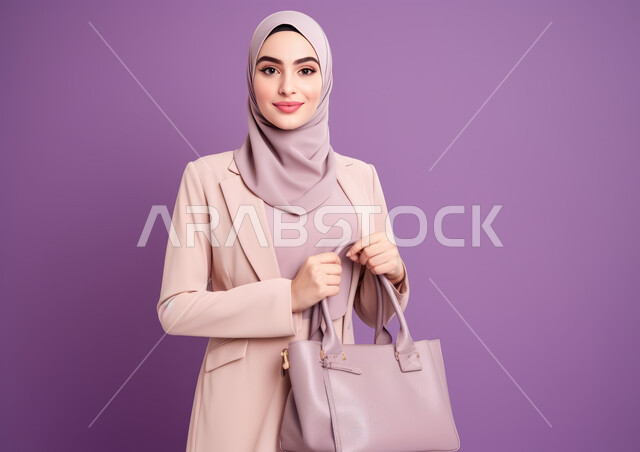  أزياء محجبات عصرية حديثة، مفهوم الشياكة و الأنوثة والنعومة، الاهتمام بالمظهر الخارجي، بورتريه لامرأة عربيه خليجيه سعودية محجبه مبتسمة ترتدي الزي الرسمي وتحمل بيدها حقيبة، النظر إلى الكاميرا بإيماءات الثقه بالنفس، خلفية بنفسجية