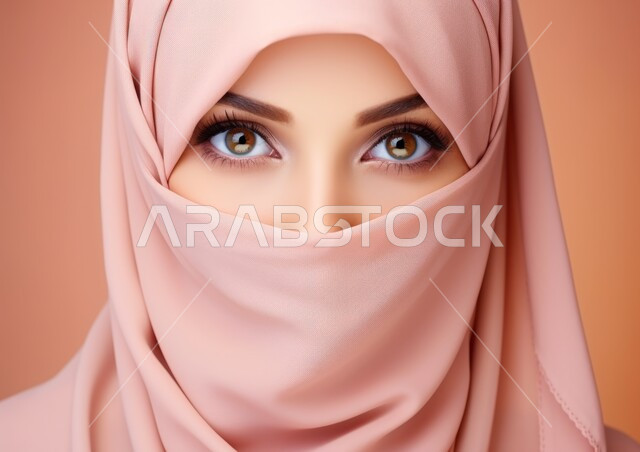 الاهتمام بالمظهر الخارجي، مفهوم الأنوثة الأناقة والشياكة والنعومة، النظر إلى الكاميرا بإيماءات الثقه بالنفس، أزياء محجبات عصرية حديثة، بورتريه مقرب لامرأة عربيه خليجيه سعودية محجبه ترتدي البرقع، خلفية ملونه