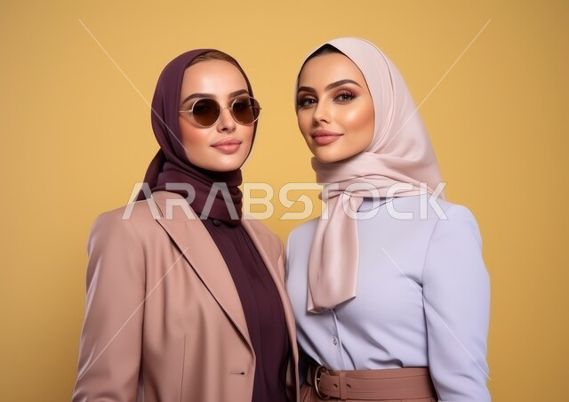 المحبة والمودة بين الأشقاء، امرأتان عربيتان خليجيتان سعوديتان محجبتان مبتسمتان ترتديان الزي الرسمي و تنظران إلى الكاميرا بإيماءات الثقه بالنفس، أزياء محجبات عصرية حديثة، مفهوم الأناقة والشياكة و الأنوثة والنعومة، الاهتمام بالمظهر الخارجي، خلفيه صفراء