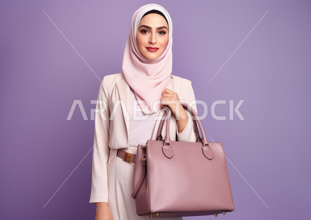 مفهوم الشياكة و الأنوثة والنعومة، الاهتمام بالمظهر الخارجي، بورتريه لامرأة عربيه خليجيه سعودية محجبه مبتسمة ترتدي الزي الرسمي وتحمل بيدها حقيبة، النظر إلى الكاميرا بإيماءات الثقه بالنفس، أزياء محجبات عصرية حديثة، خلفية بنفسجية