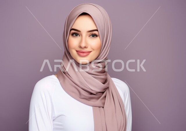 مفهوم الأناقة والنعومة والشياكة و الأنوثة، الاهتمام بالمظهر الخارجي، بورتريه مقرب لامرأة عربيه خليجيه سعودية محجبه مبتسمة ترتدي الزي الرسمي، النظر إلى الكاميرا بإيماءات الثقه بالنفس، أزياء محجبات عصرية حديثة، خلفية بنفسجية