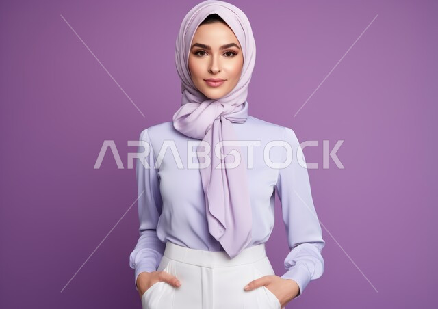 مفهوم الأناقة والشياكة والنعومة و الأنوثة، الاهتمام بالمظهر الخارجي، بورتريه لامرأة عربيه خليجيه سعودية محجبه مبتسمة ترتدي الزي الرسمي، النظر إلى الكاميرا بإيماءات الثقه بالنفس، أزياء محجبات عصرية حديثة، خلفية بنفسجية