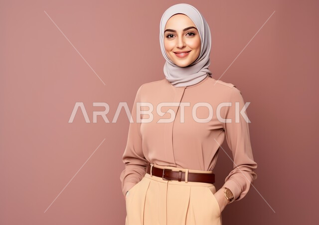 التقاط صور شخصية للوثائق الرسمية، الاهتمام بالمظهر الخارجي، النظر إلى الكاميرا بإيماءات الثقه بالنفس، مفهوم النعومة و الأناقة والشياكة و الأنوثة، بورتريه مقرب لامرأة عربيه خليجيه سعودية محجبه مبتسمة ترتدي الزي الرسمي، أزياء محجبات عصرية حديثة، خلفية ملونة