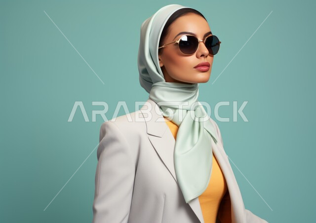 Looking at something with gestures of self-confidence, the concept of elegance, elegance, femininity and softness, interest in external appearance, modern veiled fashion, portrait of a veiled Saudi Arabian Gulf woman wearing sunglasses, blue background