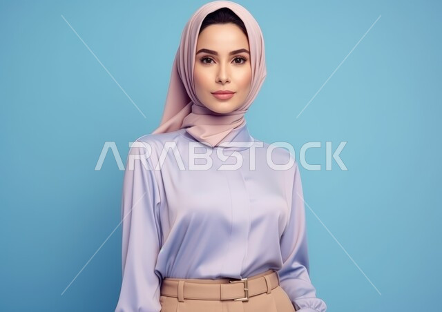 Modern fashion for veiled women, the concept of softness, elegance, elegance and femininity, attention to external appearance, a smiling Saudi Arabian Gulf woman wearing a formal uniform, looking at the camera with self-confidence gestures, blue background