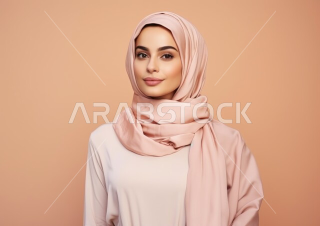 التقاط صور شخصية للوثائق الرسمية، الاهتمام بالمظهر الخارجي، النظر إلى الكاميرا بإيماءات الثقه بالنفس، مفهوم النعومة و الأناقة والشياكة و الأنوثة، بورتريه مقرب لامرأة عربيه خليجيه سعودية محجبه مبتسمة ترتدي الزي الرسمي، أزياء محجبات عصرية حديثة، خلفية بيج