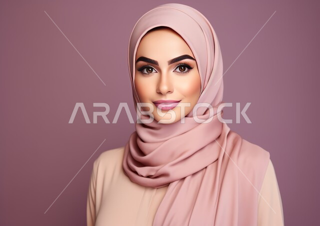 التقاط صور شخصية للوثائق الرسمية، الاهتمام بالمظهر الخارجي، النظر إلى الكاميرا بإيماءات الثقه بالنفس، مفهوم النعومة و الأناقة والشياكة و الأنوثة، بورتريه مقرب لامرأة عربيه خليجيه سعودية محجبه مبتسمة ترتدي الزي الرسمي، أزياء محجبات عصرية حديثة، خلفية ملونة