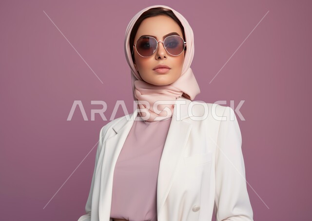 التقاط صور شخصية للوثائق الرسمية، النظر إلى الكاميرا بإيماءات الثقه بالنفس، أزياء محجبات عصرية حديثة، مفهوم الأناقة والشياكة و الأنوثة والنعومة، الاهتمام بالمظهر الخارجي، بورتريه مقرب لامرأة عربيه خليجيه سعودية محجبه ترتدي النظارة الشمسية، خلفية وردية