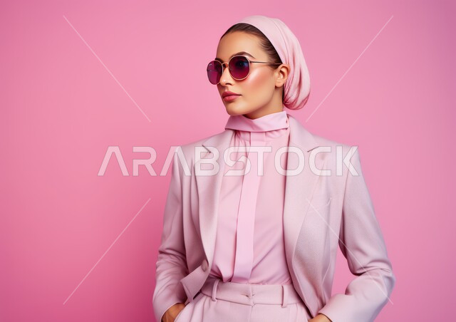  أزياء محجبات عصرية حديثة، النظر إلى شيء ما بإيماءات الثقه بالنفس، مفهوم الأناقة والشياكة و الأنوثة والنعومة، الاهتمام بالمظهر الخارجي، بورتريه لامرأة عربيه خليجيه سعودية محجبه ترتدي النظارة الشمسية، خلفية وردية