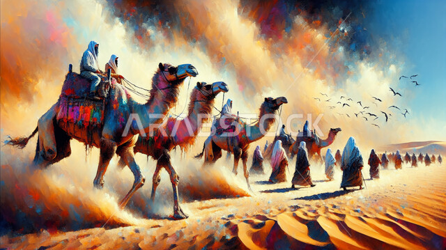وسائل النقل والمواصلات القديمة، صورة بالألوان الزيتيه لقافلة من الجمال في الصحراء العربيه في السعودية، مفهوم السفر على حيوان الابل، تربيه ورعايه المواشي، الرمال الذهبية الناعمه، خلفية الطبيعه