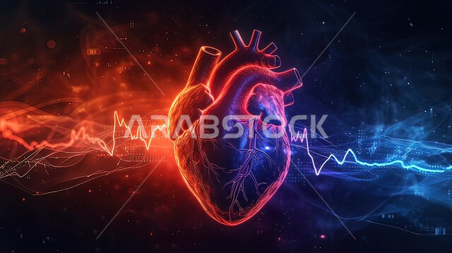 التطور الرقمي والنمو التكنولوجي في المجال الطبي، توضيح أعضاء جسم الإنسان، صورة هولوجراميه ثلاثية الأبعاد لقلب الإنسان، مفهوم الطب والرعاية الصحية، خلفية سوداء