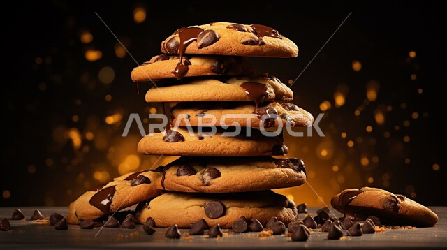حلويات مخبوزة طازجة, مجموعة من البسكويت مصورة بطريقة احترافية، رقاقات الكوكيز الهشة مع قطع الشوكولاته الداكنة اللذيذة ، سناكات خفيفة وشهية منزلية الصنع، خلفية سوداء