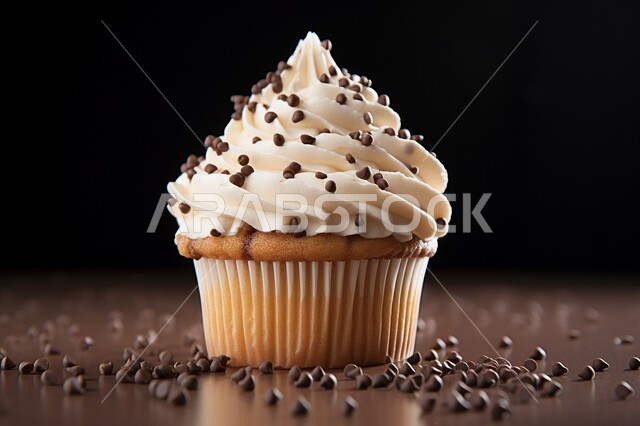 Delicious cupcakes decorated with cream, delicious cupcakes with chocolate sprinkles, scattered chocolate beans, foods rich in sugars and calories, fresh desserts baked in the oven, cupcake paper, black background