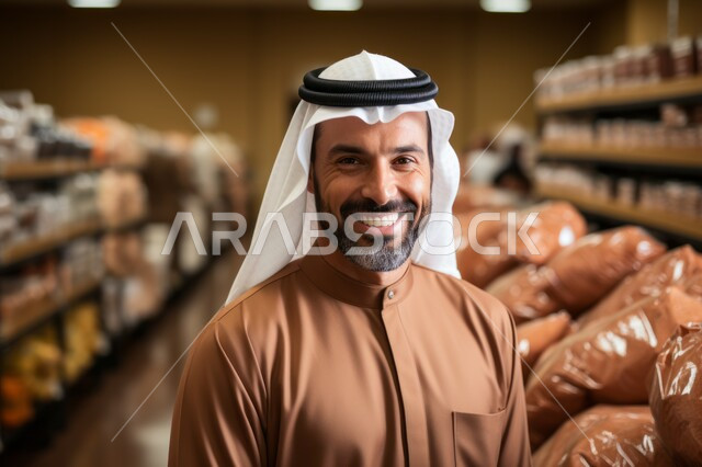 إيماءات السعادة والسرور، الاستفادة من العروض والحسومات الموسمية، متعة التسوق في المركز التجاري، السلع والمواد غذائية المختلفة، شراء الاحتياجات و المستلزمات المنزلية للمستهلك، صورة مقربة لرجل عربي سعودي خليجي مبتسم يرتدي الثوب التقليدي يقوم بالتبضع في سوبرماركت