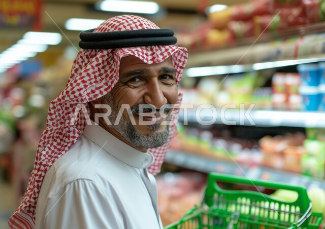 شراء الاحتياجات و المستلزمات المنزلية للمستهلك، رجل عربي سعودي خليجي مسن يرتدي الثوب التقليدي يحمل بيده سلة تسوق في سوبرماركت، السلع والمواد غذائية المختلفة، قضاء وقت ممتع في المركز التجاري