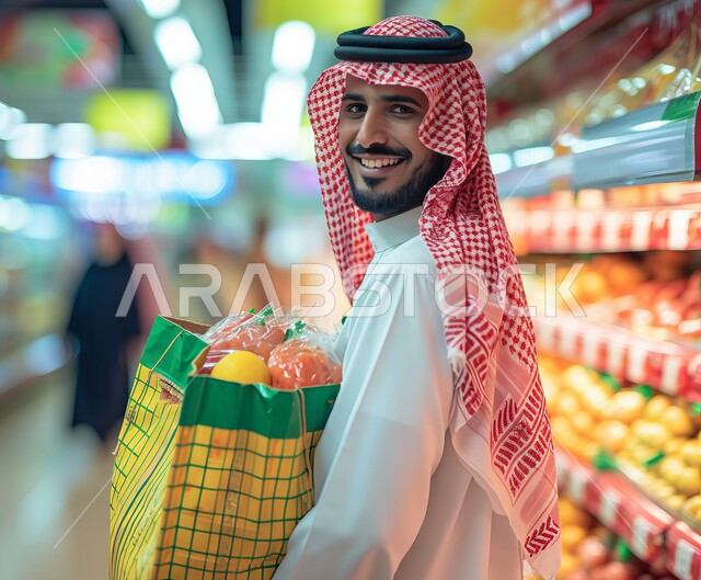 متعة التسوق في المركز التجاري، السلع والمواد غذائية المختلفة، شراء الاحتياجات و المستلزمات المنزلية للمستهلك، صورة مقربة من الجانب لرجل عربي سعودي خليجي مبتسم يرتدي الثوب التقليدي يقوم بالتبضع في سوبرماركت يحمل بيده كيس 