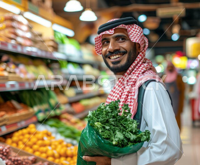 السلع والمواد غذائية المختلفة، شراء الاحتياجات و المستلزمات المنزلية للمستهلك، رجل عربي سعودي خليجي مبتسم يرتدي الثوب التقليدي يقوم بالتبضع في قسم الخضار والفواكه في سوبرماركت يحمل بيده كيس بلاستيكي، قضاء وقت ممتع في المركز التجاري