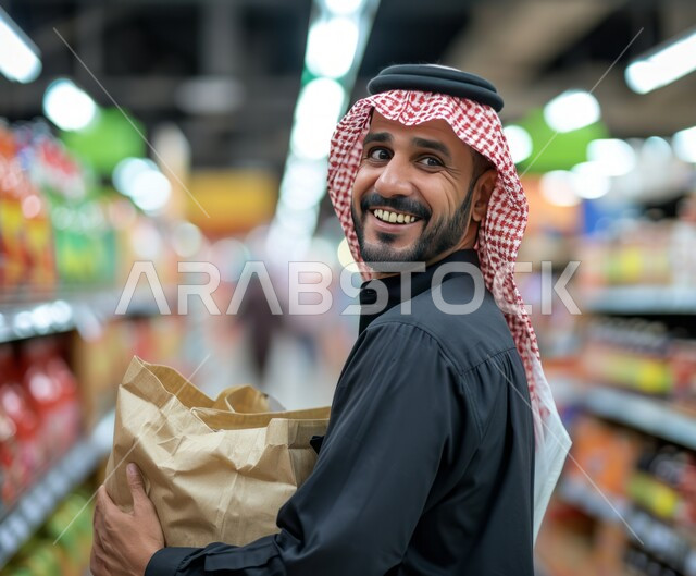 إيماءات السعادة والسرور، قضاء وقت ممتع في المركز التجاري، السلع والمواد غذائية المختلفة، شراء الاحتياجات و المستلزمات المنزلية للمستهلك، صورة مقربة من الجانب لرجل عربي سعودي خليجي مبتسم يرتدي الثوب التقليدي يقوم بالتبضع في سوبرماركت يحمل بيده كيس ورقي