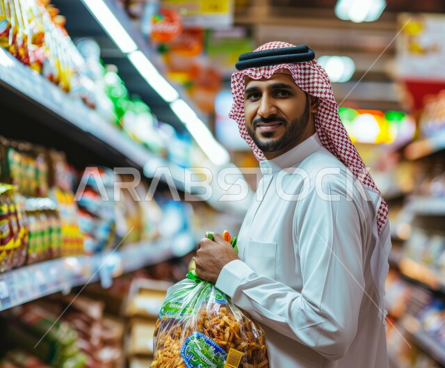 اختيار السلع والمواد غذائية المختلفة، قضاء وقت ممتع في المركز التجاري، شراء الاحتياجات و المستلزمات المنزلية للمستهلك، صورة مقربة من الجانب لرجل عربي سعودي خليجي مبتسم يرتدي الثوب التقليدي يقوم بالتبضع في سوبرماركت يحمل بيده كيس بلاستيكي