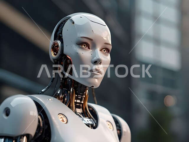 برمجة وتحديث وتقدم تقنية الذكاء الاصطناعي, صورة مقربة لروبوت بشري يرتدي سماعة اذن لاسلكية, رجل آلي حديث ومتطور بتقنيات عالية, الكفاءة في التصنيع والإنتاج والابتكار والعلوم وتحقيق الثورة الصناعية, تكنولوجيا المستقبل والتحول الرقمي