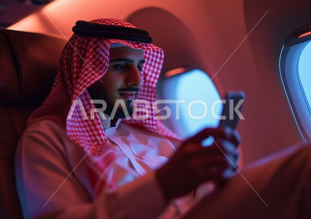 Using a mobile phone, gestures of happiness and pleasure, social networking and browsing the Internet, talking and chatting with family and friends via mobile phone, a close-up photo from the side of a Saudi Gulf Arab man wearing a traditional thobe sitting on the plane, tourist flights, Saudi Airlines