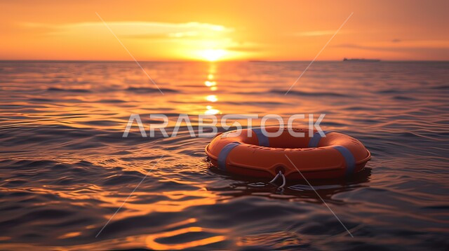 انعكاس ضوء الشمس على سطح المياه, الاستمتاع بمنظر البحر الخلاب في وقت غروب الشمس بالمملكة العربية السعودية, عوامة نجاة منتصف البحر, معالم سياحيه ترفيهية مشهورة، أماكن الرحلات والنزهات العائلية في العطلة الصيفية