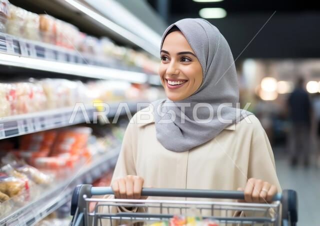 قضاء وقت ممتع في المركز التجاري, صورة مقربة لامرأة عربية سعودية خليجية مبتسمة ترتدي الحجاب تقوم بجر عربة التبضع في السوبر ماركت, ايماءات السعادة والسرور في التسوق, شراء الاحتياجات والمستلزمات المنزلية للمستهلك, السلع والمواد الغذائية المختلفة