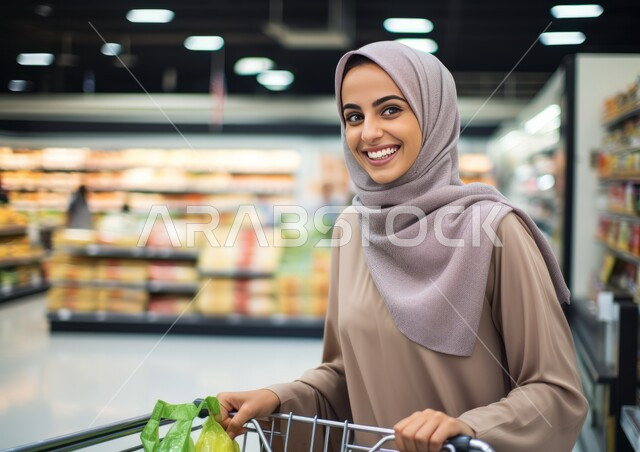 شراء الاحتياجات والمستلزمات المنزلية للمستهلك, صورة مقربة لامرأة عربية سعودية خليجية مبتسمة ترتدي الحجاب تقوم بجر عربة التبضع في السوبر ماركت, قضاء وقت ممتع في المركز التجاري, النظر باتجاه الكاميرا, ايماءات السعادة والسرور في التسوق