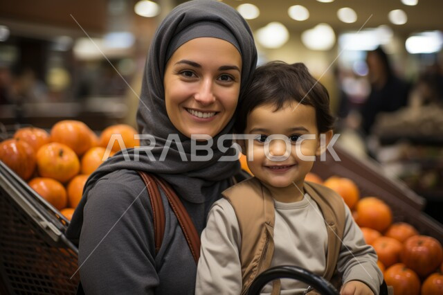 الاستفادة من التخفيضات والعروض على المنتجات، قضاء وقت ممتع في التسوق, تصوير مقرب لسيدة عربية خليجية سعودية مبتسمة محجبة ترتدي العباءة الرمادية تقوم بالتسوق وشراء المستلزمات من المراكز التجارية السعودية ، الذهاب للسوبر ماركت برفقة الأبناء