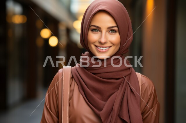 A personal photo for official documents, sophisticated modern veiled fashion, the concept of elegance and attention to external appearance, a close-up photo of a veiled Saudi Arabian Gulf woman wearing a modern, formal dress, looking at the camera with gestures of pleasure and happiness.