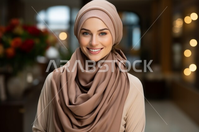 مفهوم الأنوثة والنعومة والاهتمام بالمظهر الخارجي، صورة مقربة لسيدة عربية خليجية سعودية محجبة ترتدي لباس رسمي عصري حديث وتنظر الى الكاميرا بإيماءات الثقة بالنفس،أزياء محجبات راقية، الوقوف باستقامة لالتقاط صورة شخصية للوثائق الرسمية