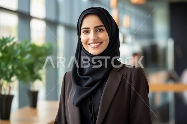 أزياء محجبات عصرية راقية, مفهوم الأناقة والاهتمام بالمظهر الخارجي، صورة مقربة لامرأة عربية خليجية سعودية محجبة ترتدي لباس رسمي عصري حديث تنظر الى الكاميرا بإيماءات السرور و السعادة، صورة شخصية للوثائق الرسمية