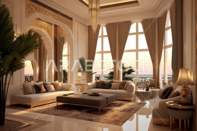 ديكورات داخلية مميزة، أثاث كلاسيكي أنيق و نوافذ واسعة، تحف و أكسسوارات عصرية مع زهور الزينة الداخلية، استخدام الثريا للانارة، صالة استقبال بتصميم حديث لمنزل عربي خليجي سعودي فاخر
